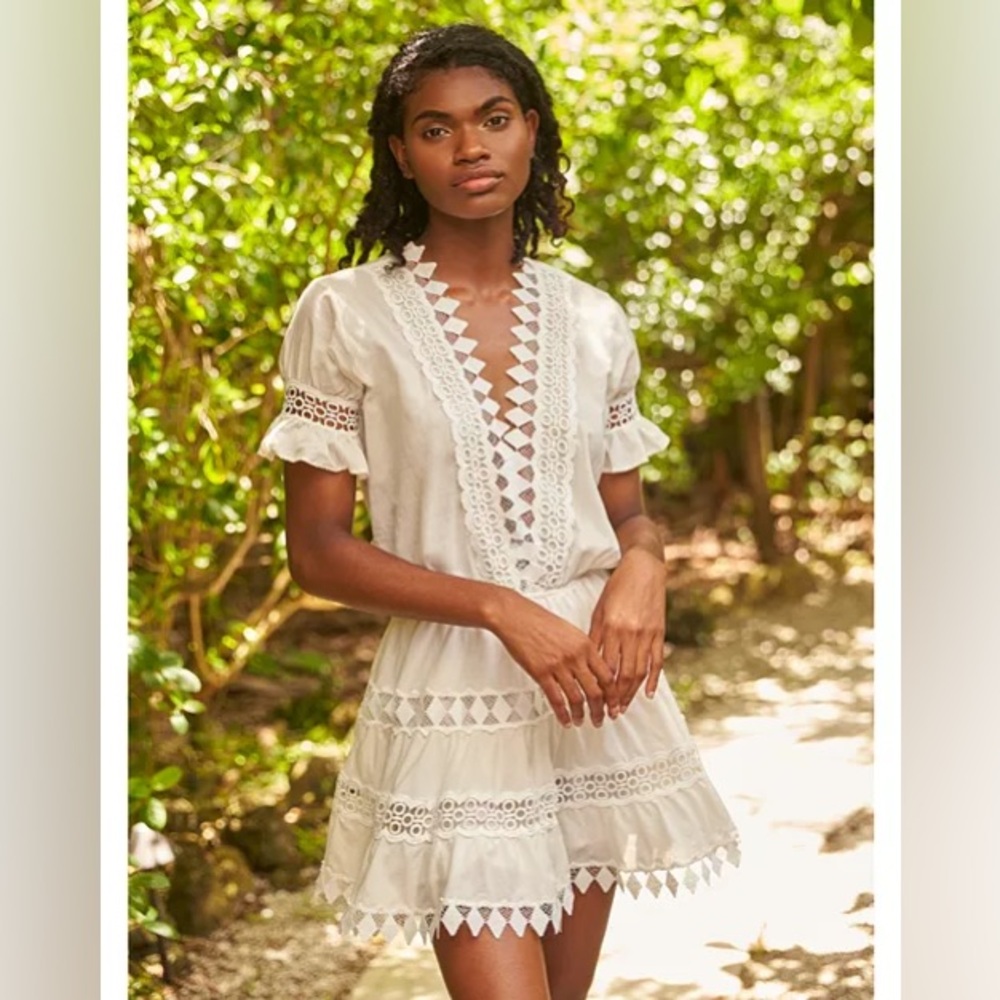 Peixoto Ora Cotton Embroidered Mini Dress Swim Cover Up - White - Geometric Trim